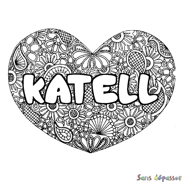 Coloriage prénom KATELL - d&eacute;cor Mandala coeur