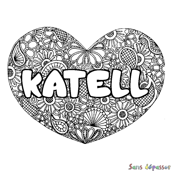 Coloriage pr&eacute;nom KATELL - d&eacute;cor Mandala coeur