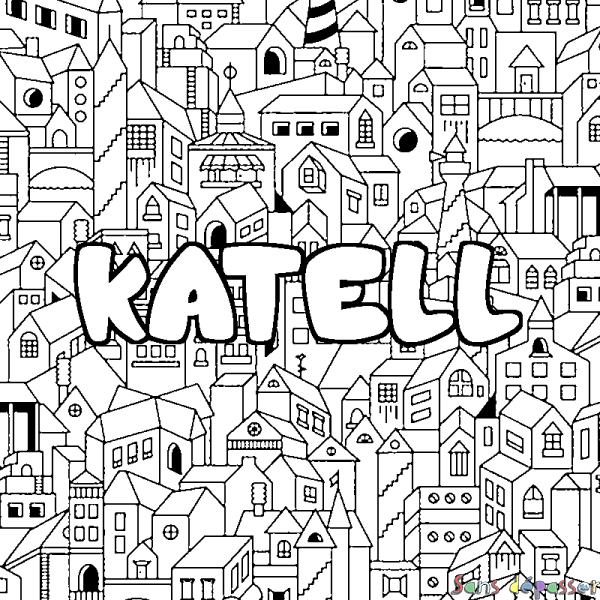 Coloriage pr&eacute;nom KATELL - d&eacute;cor Ville
