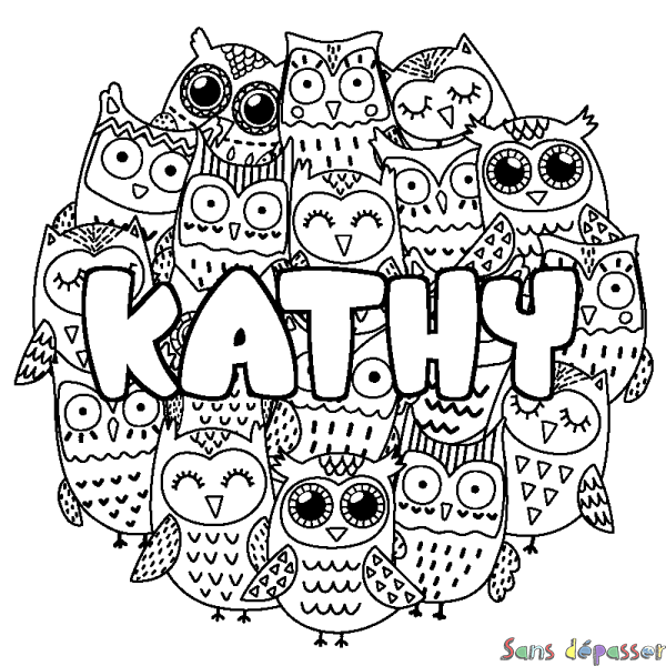 Coloriage pr&eacute;nom KATHY - d&eacute;cor Chouettes