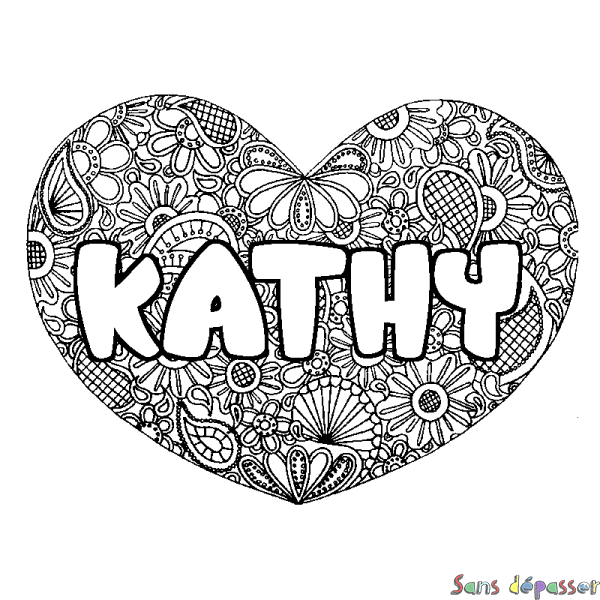 Coloriage pr&eacute;nom KATHY - d&eacute;cor Mandala coeur