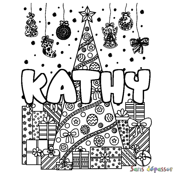 Coloriage prénom KATHY - d&eacute;cor Sapin et Cadeaux