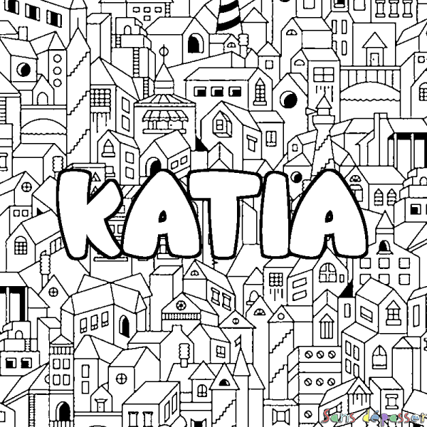 Coloriage prénom KATIA - d&eacute;cor Ville