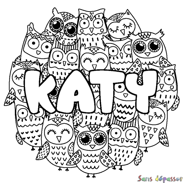 Coloriage pr&eacute;nom KATY - d&eacute;cor Chouettes