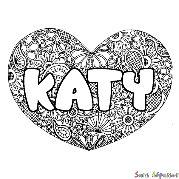 Coloriage pr&eacute;nom KATY - d&eacute;cor Mandala coeur