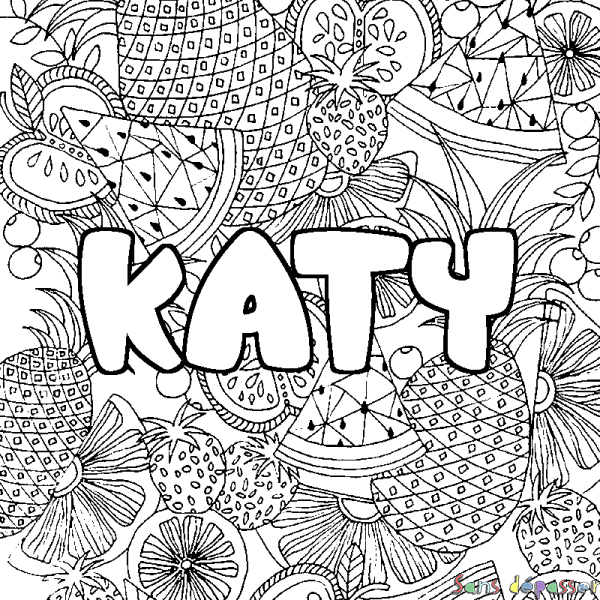 Coloriage pr&eacute;nom KATY - d&eacute;cor Mandala fruits