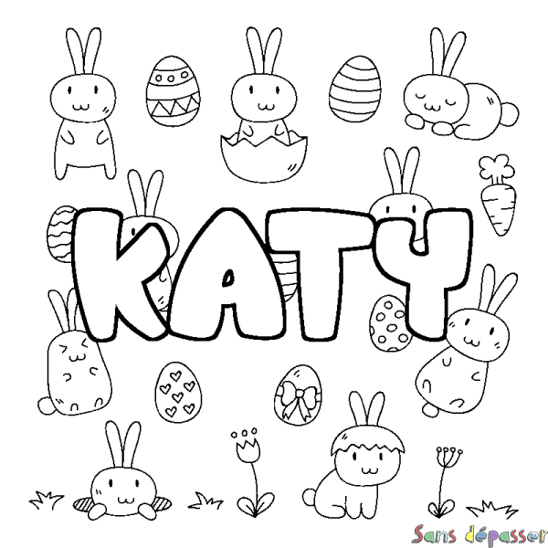 Coloriage pr&eacute;nom KATY - d&eacute;cor Paques