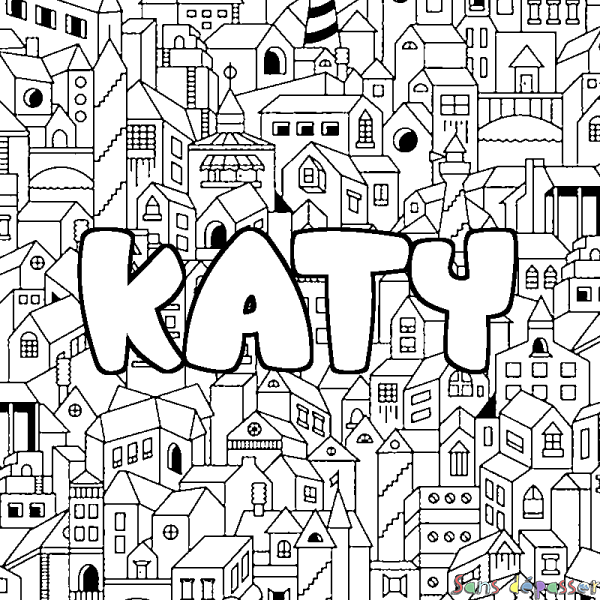 Coloriage pr&eacute;nom KATY - d&eacute;cor Ville