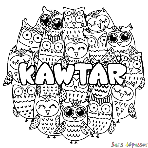 Coloriage prénom KAWTAR - d&eacute;cor Chouettes