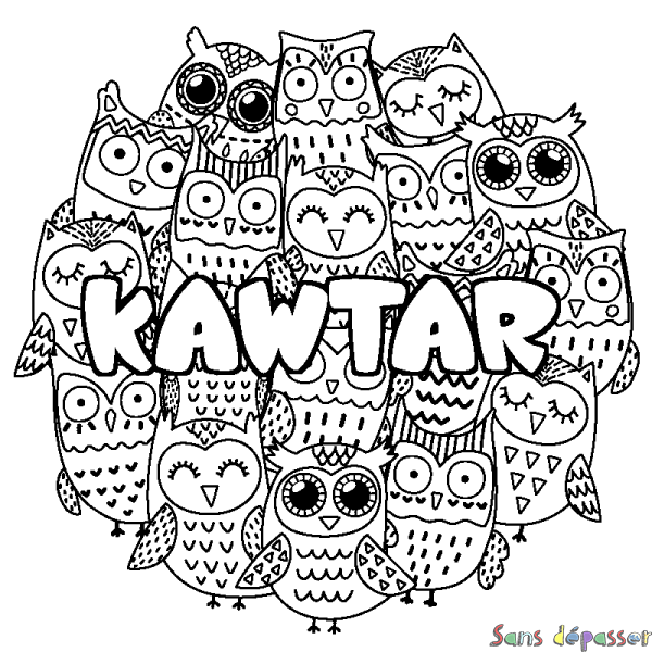 Coloriage pr&eacute;nom KAWTAR - d&eacute;cor Chouettes