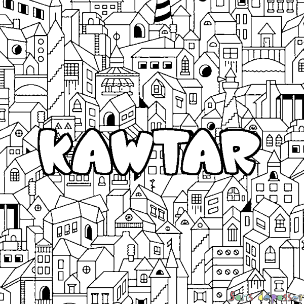 Coloriage pr&eacute;nom KAWTAR - d&eacute;cor Ville