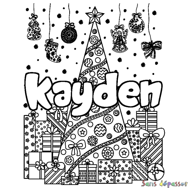 Coloriage prénom KAYDEN - d&eacute;cor Sapin et Cadeaux