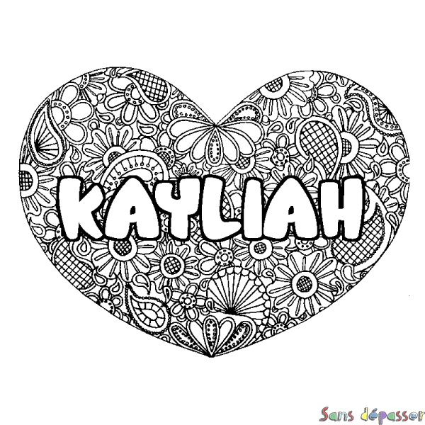 Coloriage pr&eacute;nom KAYLIAH - d&eacute;cor Mandala coeur