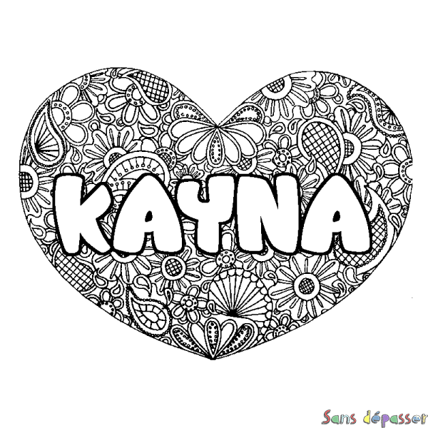 Coloriage pr&eacute;nom KAYNA - d&eacute;cor Mandala coeur
