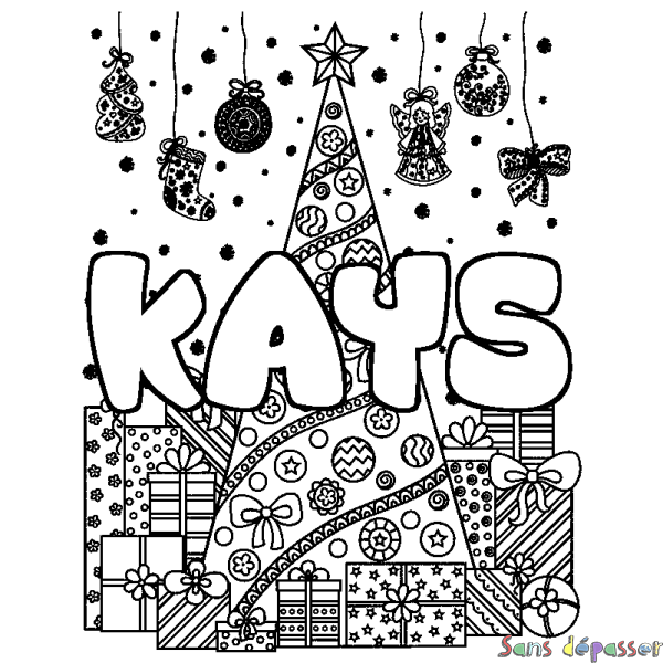 Coloriage prénom KAYS - d&eacute;cor Sapin et Cadeaux