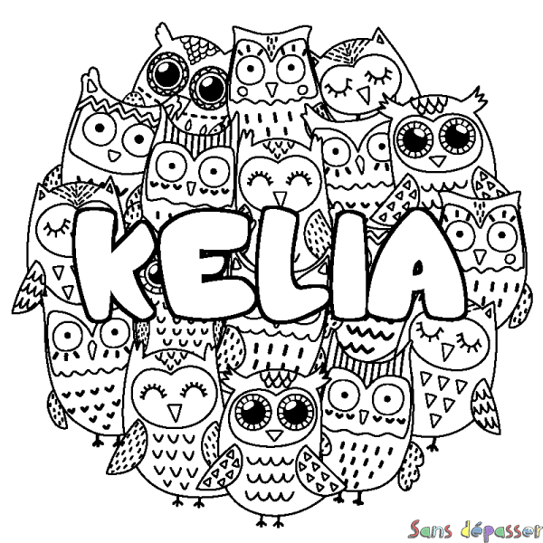 Coloriage pr&eacute;nom KELIA - d&eacute;cor Chouettes