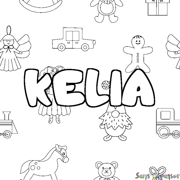 Coloriage pr&eacute;nom KELIA - d&eacute;cor Jouets