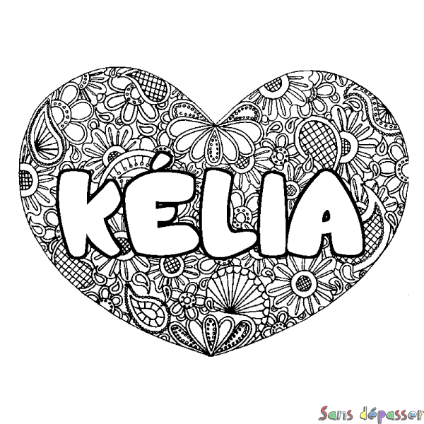 Coloriage pr&eacute;nom K&Eacute;LIA - d&eacute;cor Mandala coeur