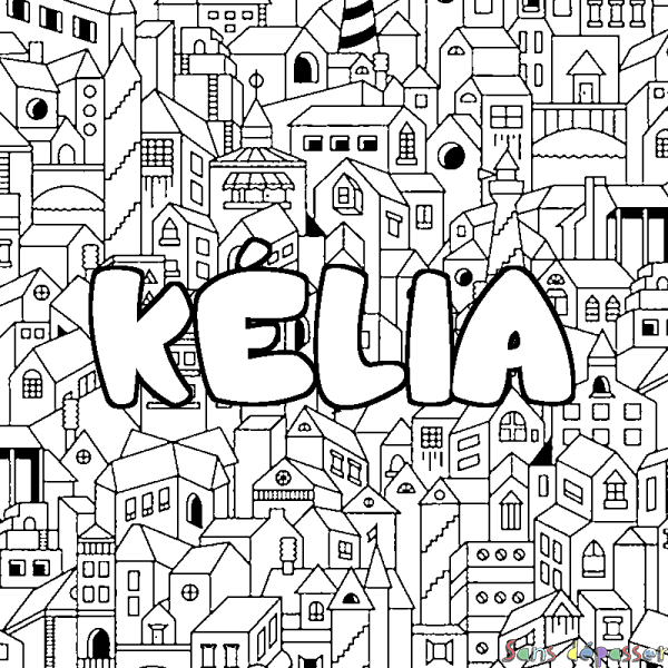 Coloriage pr&eacute;nom K&Eacute;LIA - d&eacute;cor Ville