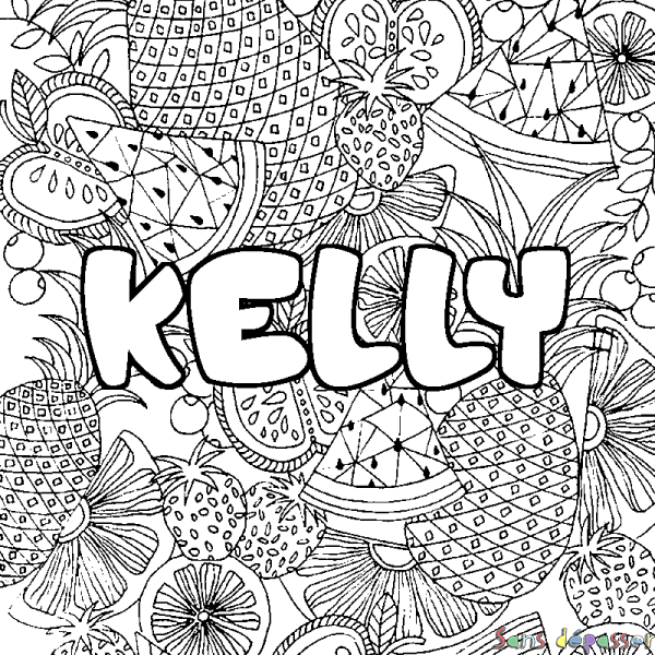 Coloriage pr&eacute;nom KELLY - d&eacute;cor Mandala fruits