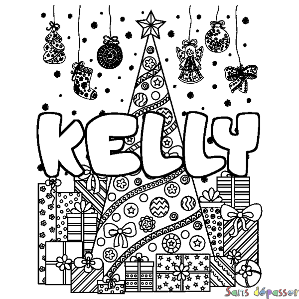 Coloriage pr&eacute;nom KELLY - d&eacute;cor Sapin et Cadeaux