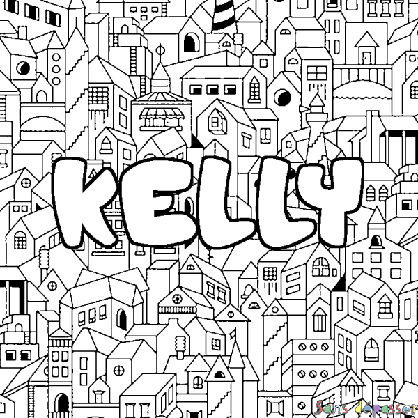 Coloriage pr&eacute;nom KELLY - d&eacute;cor Ville