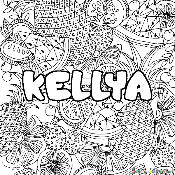 Coloriage pr&eacute;nom KELLYA - d&eacute;cor Mandala fruits