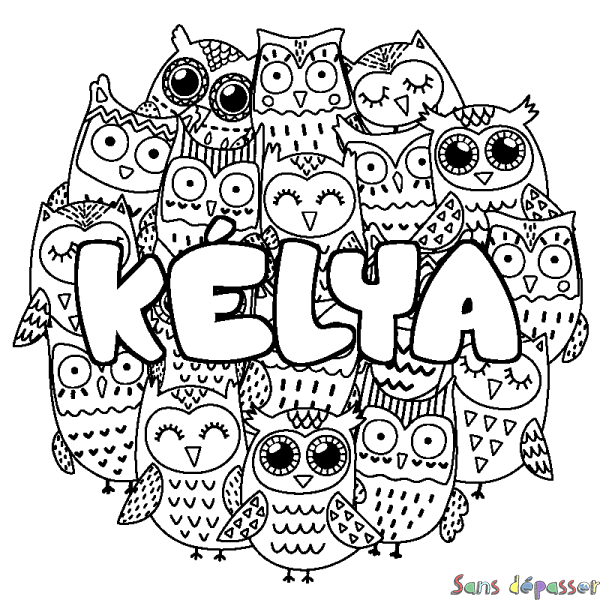 Coloriage pr&eacute;nom K&Eacute;LYA - d&eacute;cor Chouettes