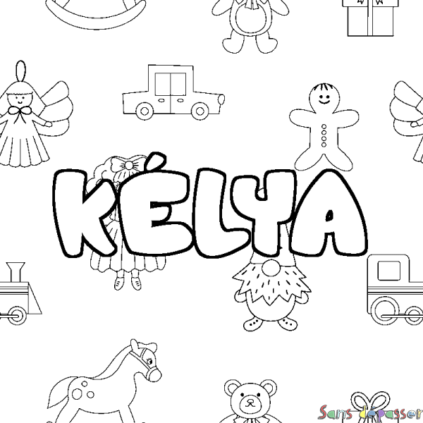 Coloriage pr&eacute;nom K&Eacute;LYA - d&eacute;cor Jouets