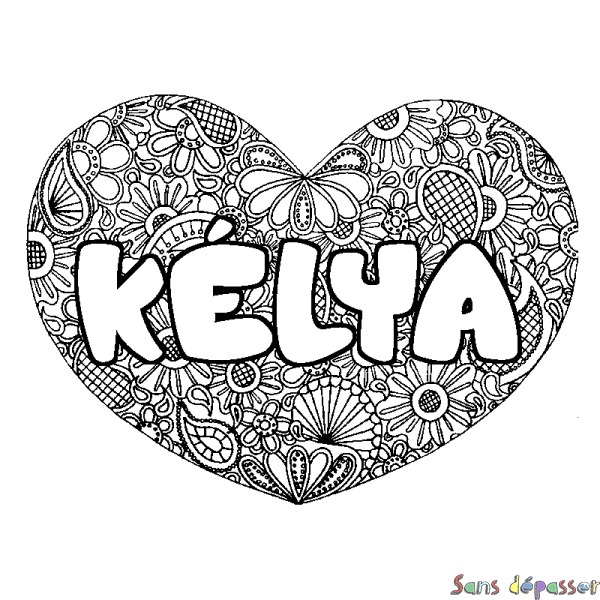 Coloriage pr&eacute;nom K&Eacute;LYA - d&eacute;cor Mandala coeur