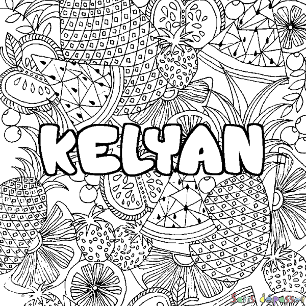 Coloriage pr&eacute;nom KELYAN - d&eacute;cor Mandala fruits
