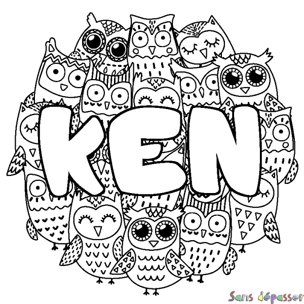 Coloriage pr&eacute;nom KEN - d&eacute;cor Chouettes