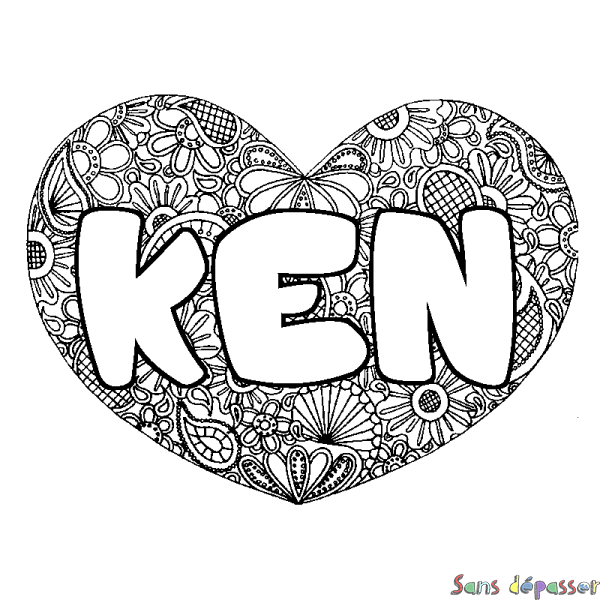 Coloriage pr&eacute;nom KEN - d&eacute;cor Mandala coeur