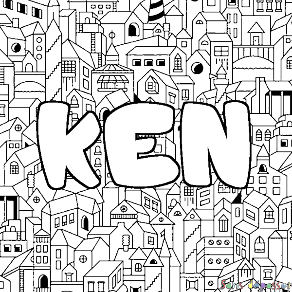 Coloriage pr&eacute;nom KEN - d&eacute;cor Ville