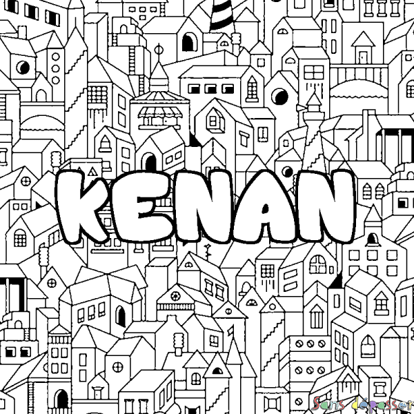 Coloriage pr&eacute;nom KENAN - d&eacute;cor Ville