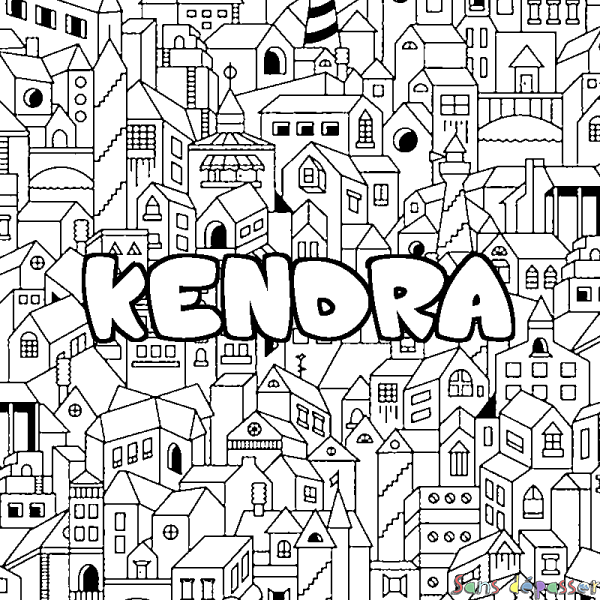 Coloriage pr&eacute;nom KENDRA - d&eacute;cor Ville