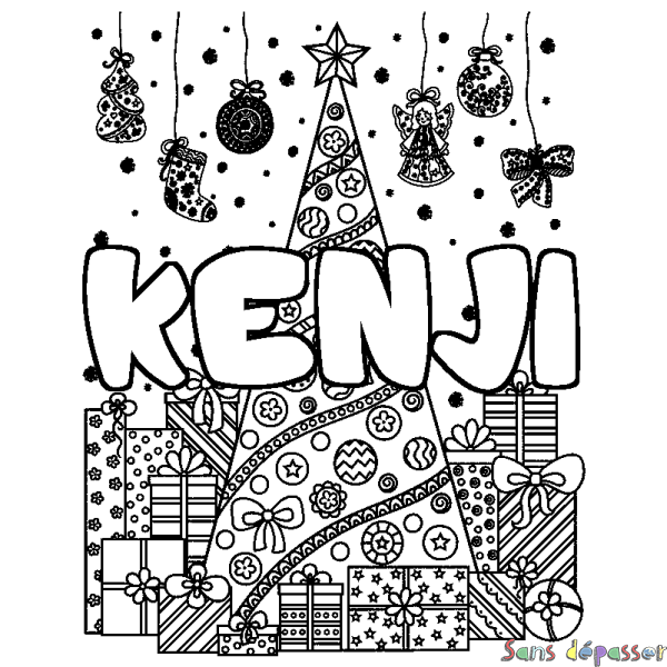 Coloriage pr&eacute;nom KENJI - d&eacute;cor Sapin et Cadeaux