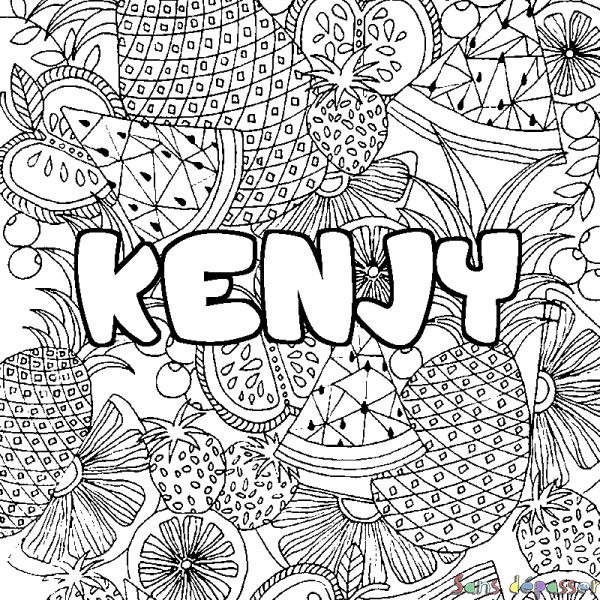 Coloriage pr&eacute;nom KENJY - d&eacute;cor Mandala fruits