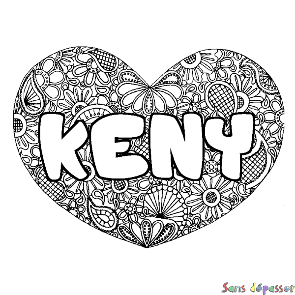 Coloriage pr&eacute;nom KENY - d&eacute;cor Mandala coeur