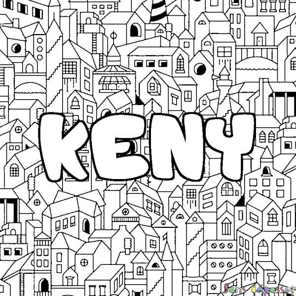 Coloriage pr&eacute;nom KENY - d&eacute;cor Ville