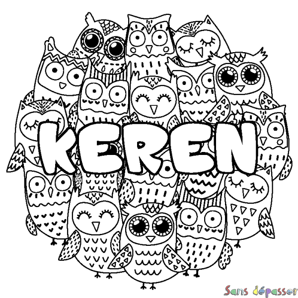 Coloriage pr&eacute;nom KEREN - d&eacute;cor Chouettes