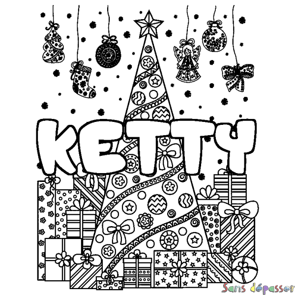 Coloriage pr&eacute;nom KETTY - d&eacute;cor Sapin et Cadeaux