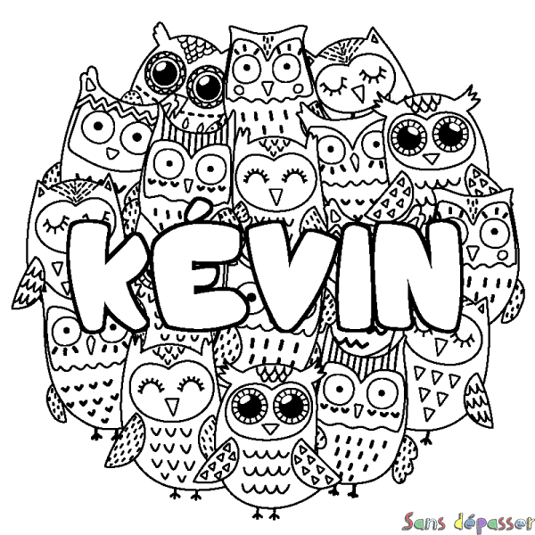 Coloriage pr&eacute;nom K&Eacute;VIN - d&eacute;cor Chouettes