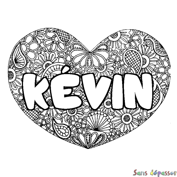 Coloriage pr&eacute;nom K&Eacute;VIN - d&eacute;cor Mandala coeur