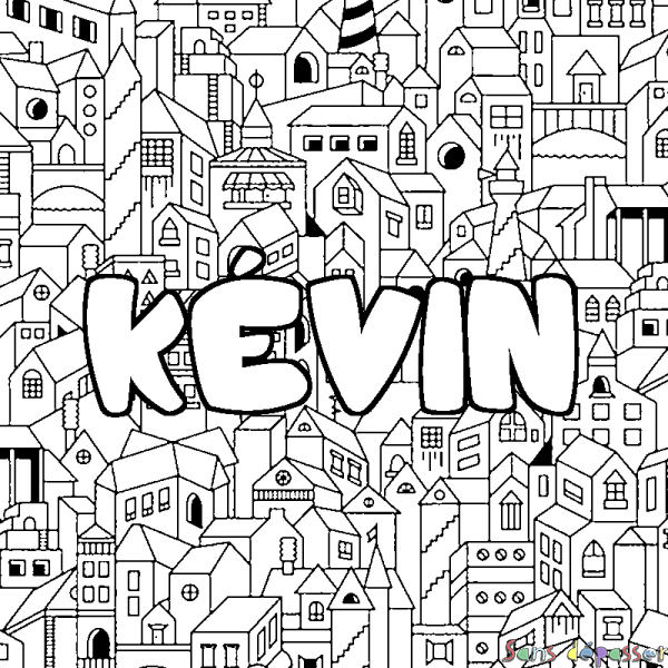 Coloriage pr&eacute;nom K&Eacute;VIN - d&eacute;cor Ville