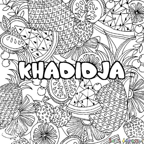 Coloriage pr&eacute;nom KHADIDJA - d&eacute;cor Mandala fruits