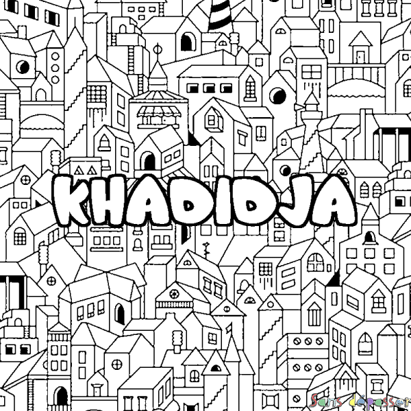 Coloriage pr&eacute;nom KHADIDJA - d&eacute;cor Ville