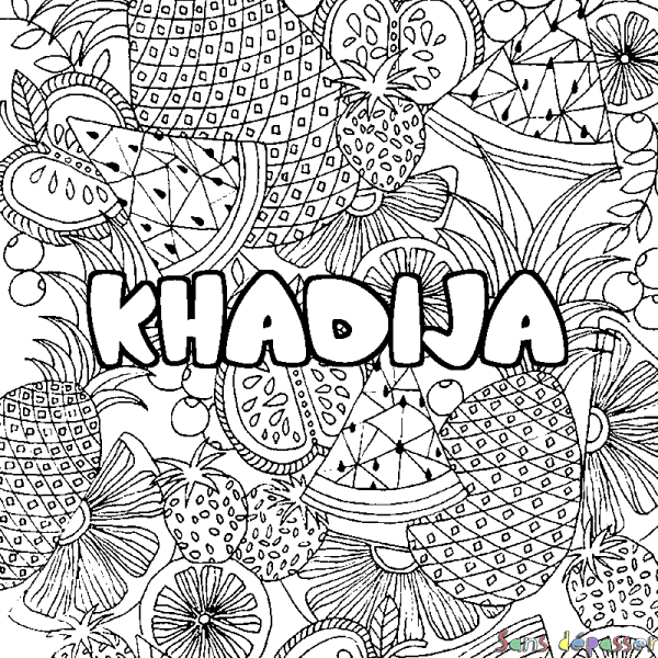 Coloriage pr&eacute;nom KHADIJA - d&eacute;cor Mandala fruits