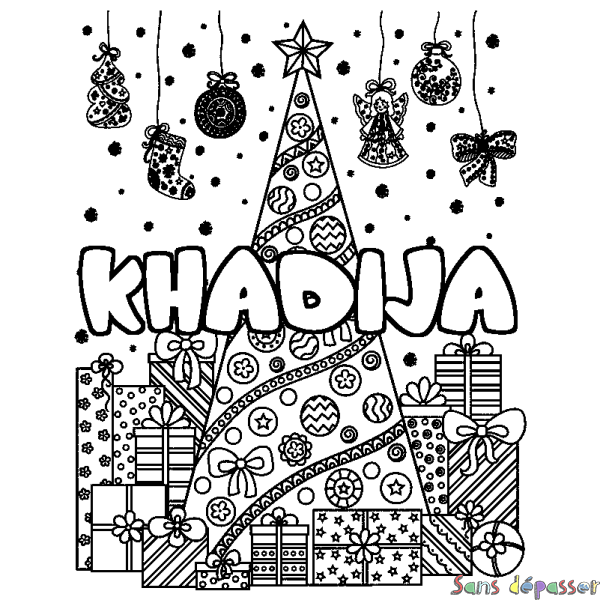 Coloriage pr&eacute;nom KHADIJA - d&eacute;cor Sapin et Cadeaux