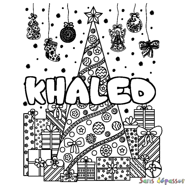 Coloriage prénom KHALED - d&eacute;cor Sapin et Cadeaux